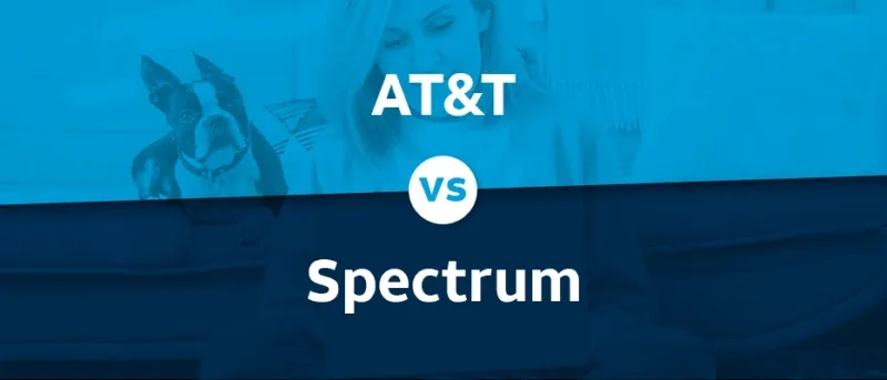 A split image, with the top half showing "AT&T" in white text over a blue filter on a photo of a woman and a dog, and the bottom half showing "Spectrum" in white text over a dark blue filter on a photo of a person sitting down, separated by a white "VS" circle.